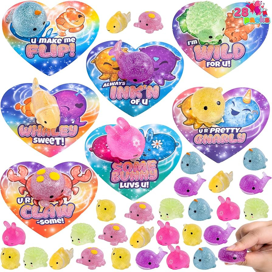 JOYIN 28 PCS Valentines Day Gift Cards with Glitter Mochi Squishy Toys, Cute Sea Animals Mochi to... | Amazon (US)