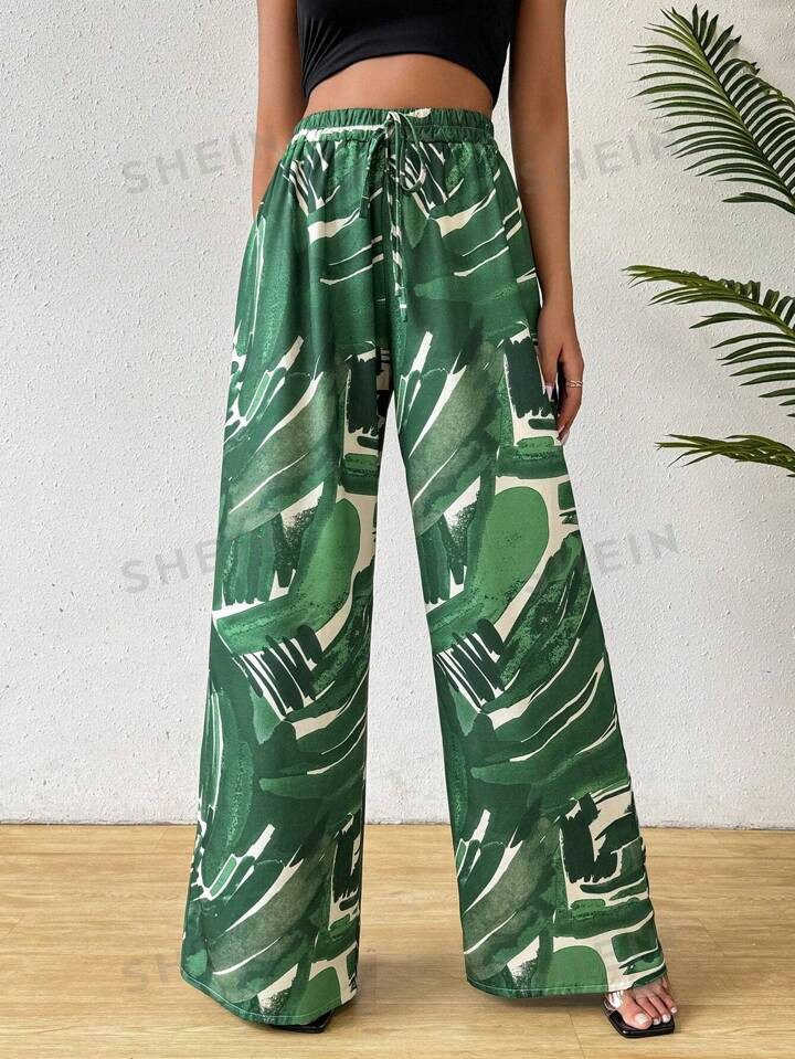 SHEIN VCAY Botanical Print Knotted Wide Leg Casual Pants | SHEIN