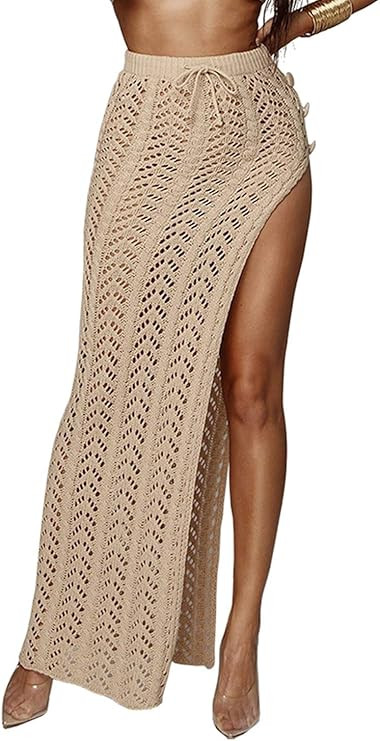 REDWOON Womens Crochet Cover Up Skirts Sexy Hollow Out Side Slits Beach Maxi Skirt | Amazon (US)
