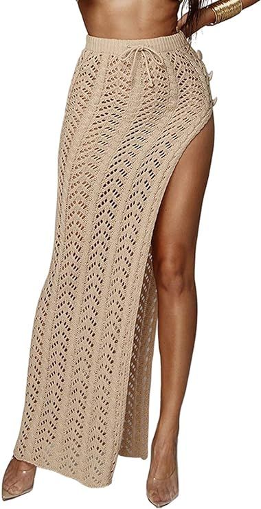 REDWOON Womens Crochet Cover Up Skirts Sexy Hollow Out Side Slits Beach Maxi Skirt | Amazon (US)