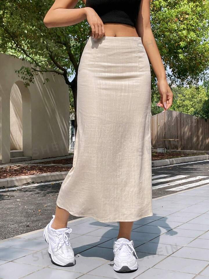 SHEIN EZwear Summer And Linen Blend Lightweight Long Skirt | SHEIN
