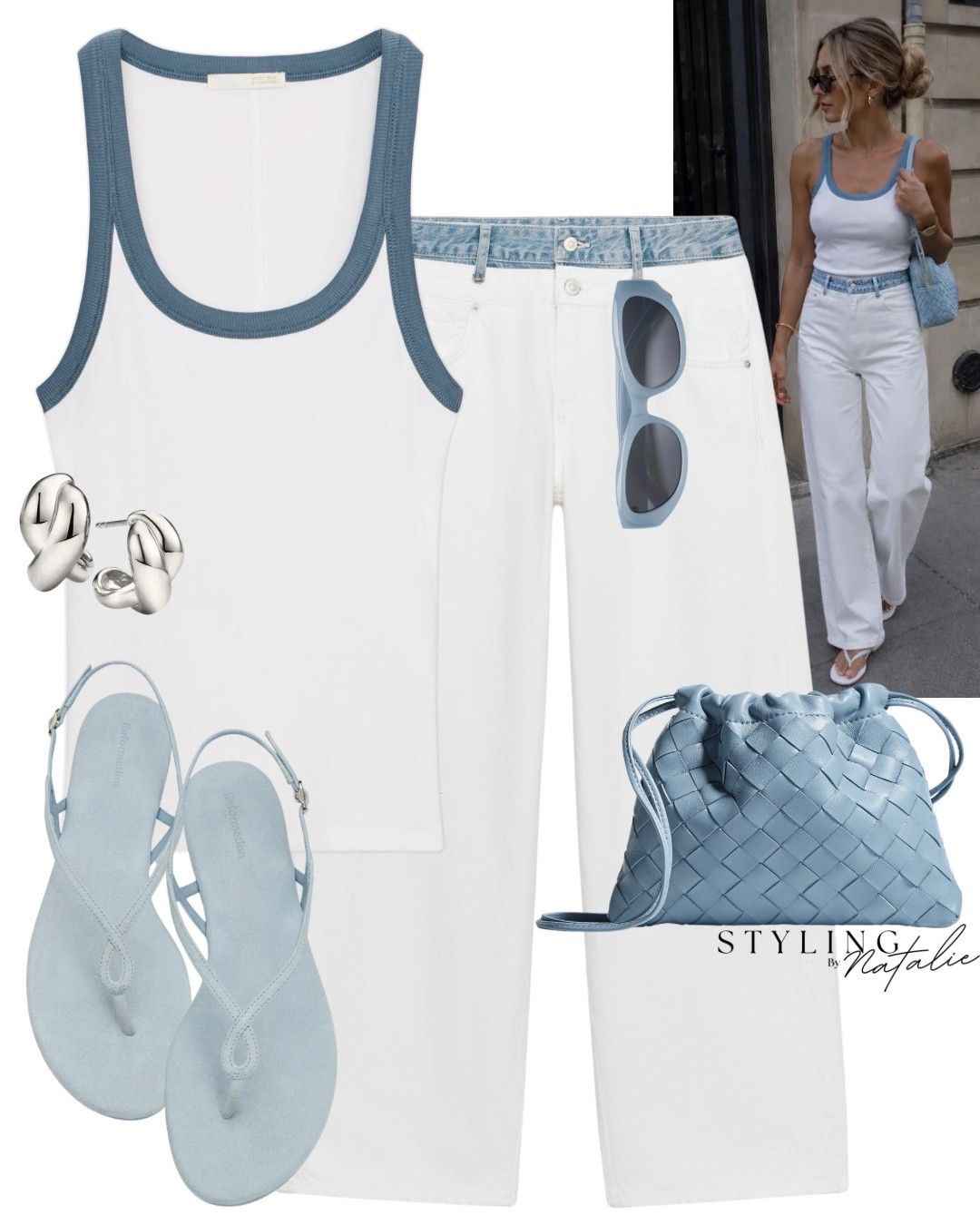 Summer denim 🤍
Double waistband wide leg jeans, contrast trim tank top, Bottega Veneta pouch bag and suede blue thong sandals and silver earrings.

Casual chic summer outfit, Zara outfit, blue, cool girl, London, city style. @Zara

#LTKsummer #LTKuk #LTKeurope