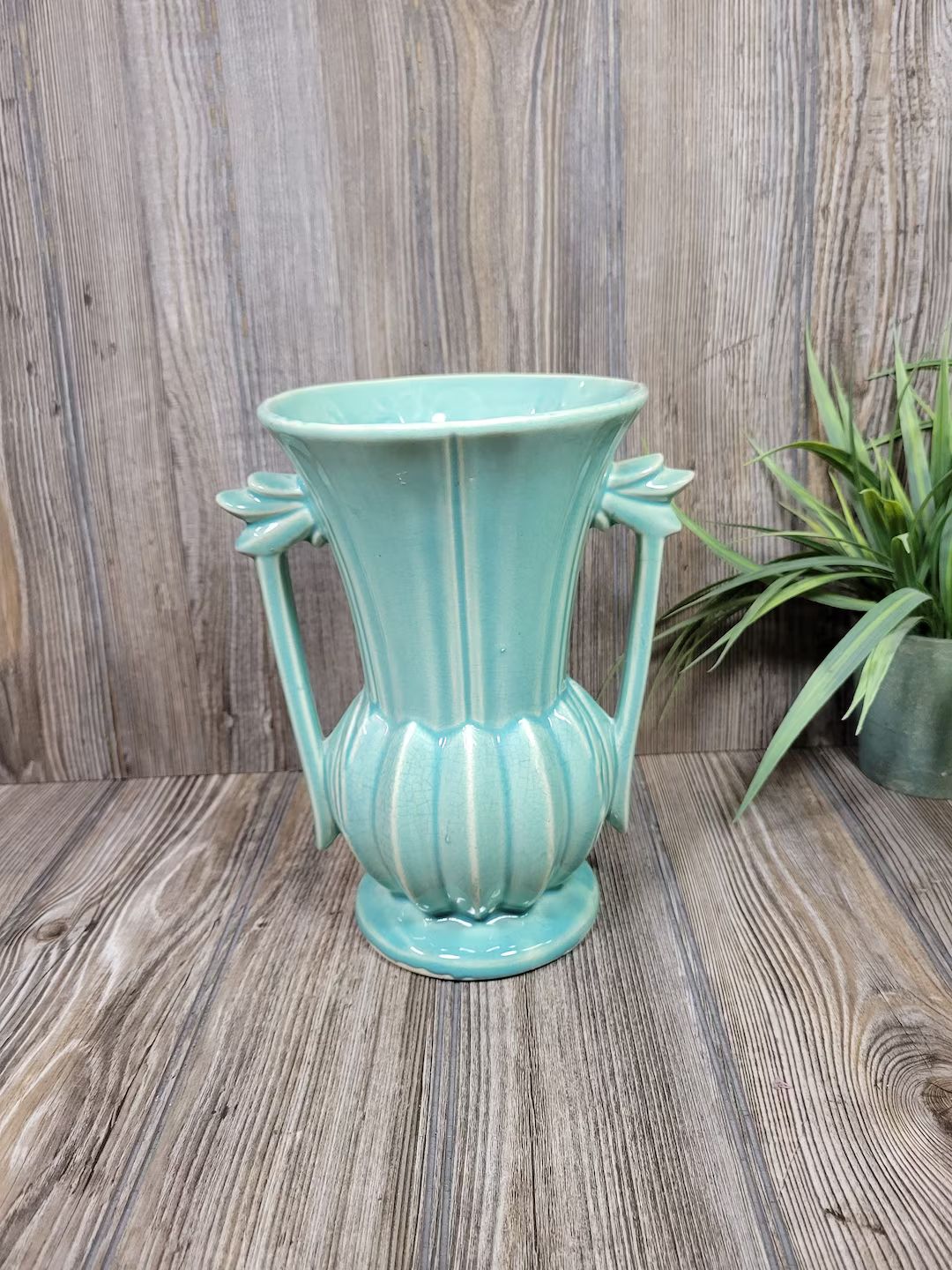 Vintage Mccoy Pottery Vase Double Handled Aqua Art Deco - Etsy | Etsy (US)