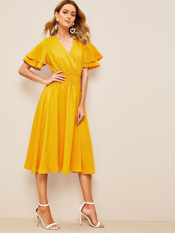 SHEIN 50s Surplice Neck Shirred Waist Layered Sleeve Dress | SHEIN