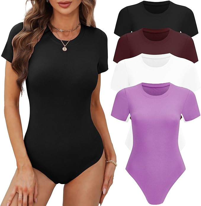 BALENNZ Women's 4/5 Pack Short Sleeve Round Neck Bodysuit Tops Crew Neck Basic Casual Tshirt Body... | Amazon (US)