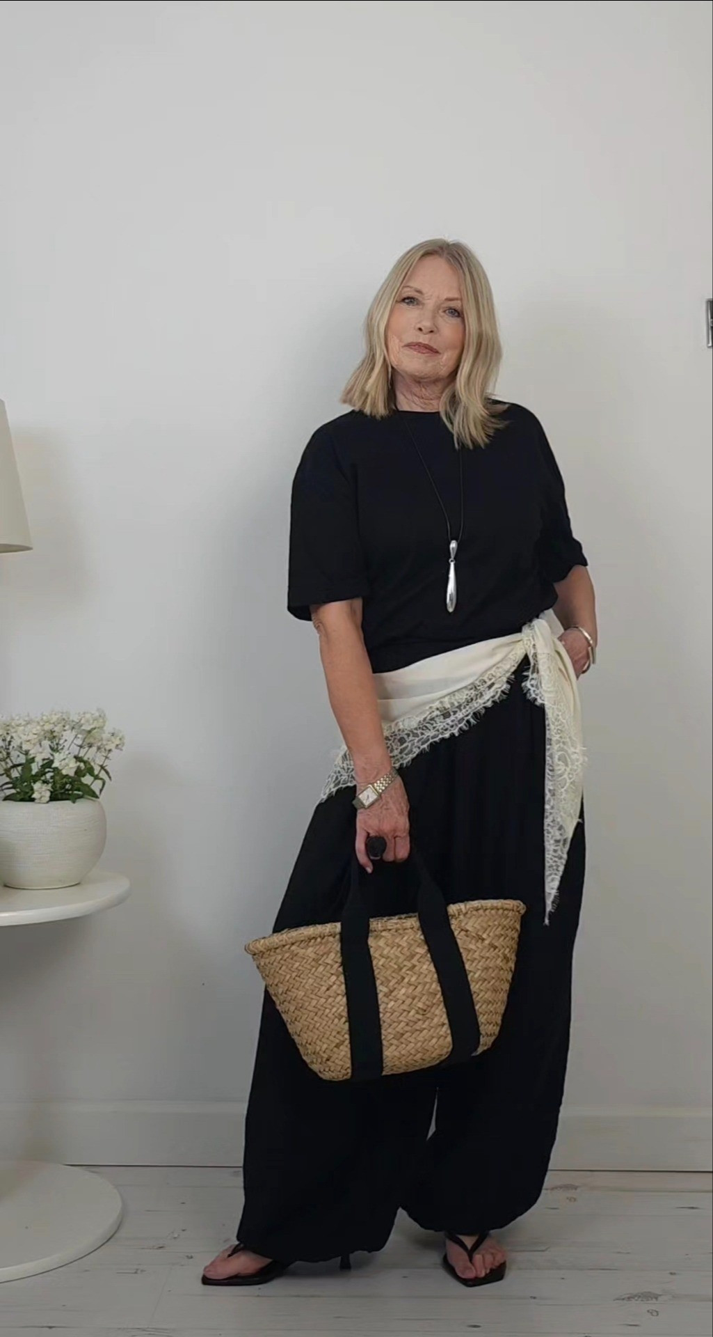 Black balloon trs  - black relaxed t-shirt - black kitten heel flip flops - basket bag - lace scarf

#LTKuk #LTKspring #LTKstyletip
