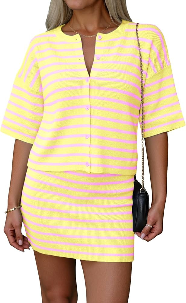 Saodimallsu Womens Two Piece Skirt Set Summer Striped Knit Short Sleeve Button Cardigans And Mini... | Amazon (US)