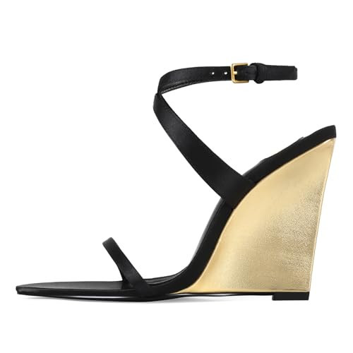 CAGLGLZ Wedge Sandals for Women Strappy Wedge Heels Pointed Open Toe Heeled Sandals Buckle Ankle Strap Heels Sexy Wedding Dress Shoes(black gold,8) | Amazon (US)