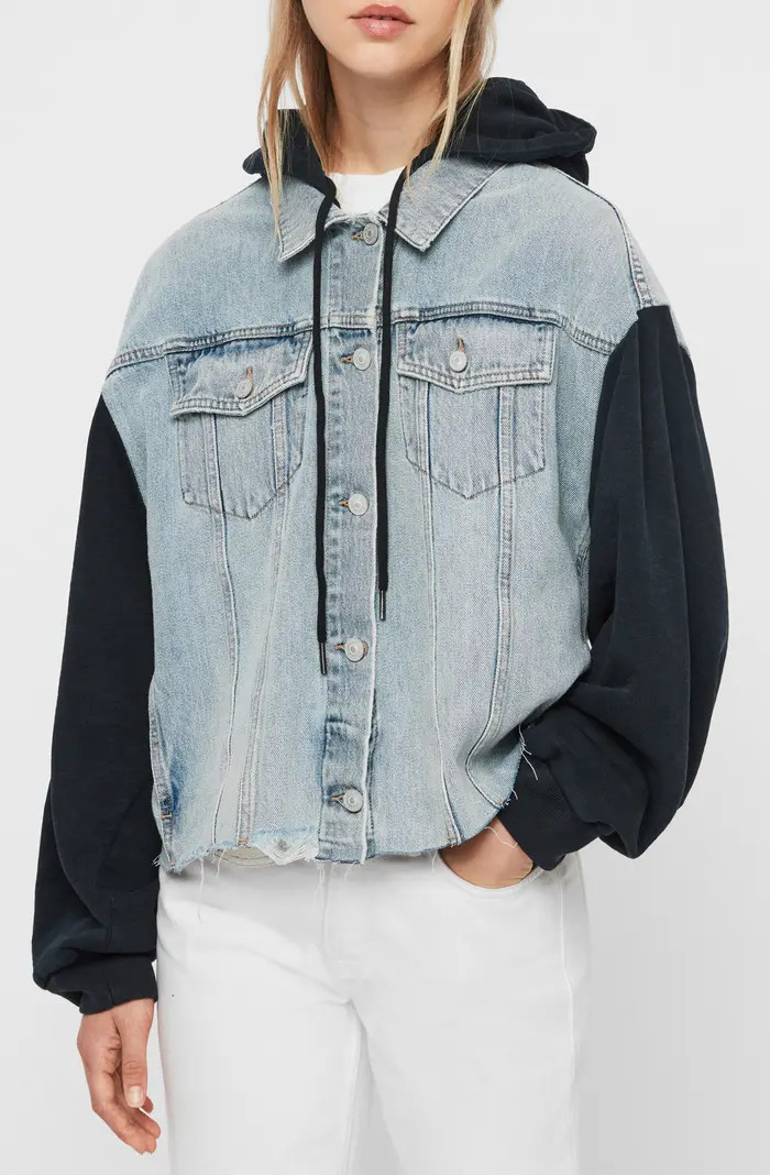 AllSaints Milena Mixed Media Hooded Denim Jacket | Nordstromrack | Nordstrom Rack
