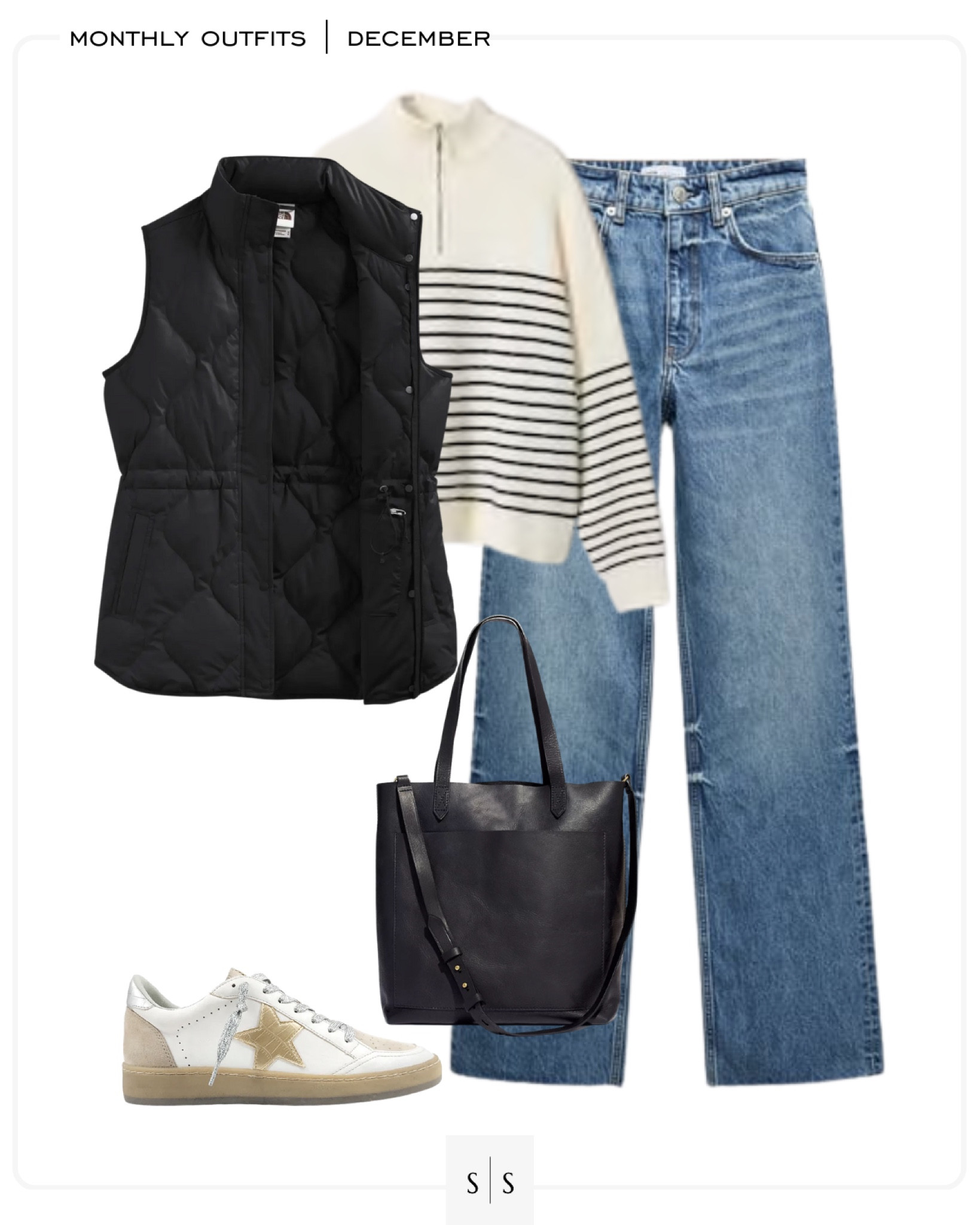 Monthly outfit planner : DECEMBER looks | #quiltetvest #stripesweater #widelegjean #starsneaker #casualstyle #winteroutfit | See entire calendar on thesarahstories.com ✨ 

#LTKstyletip