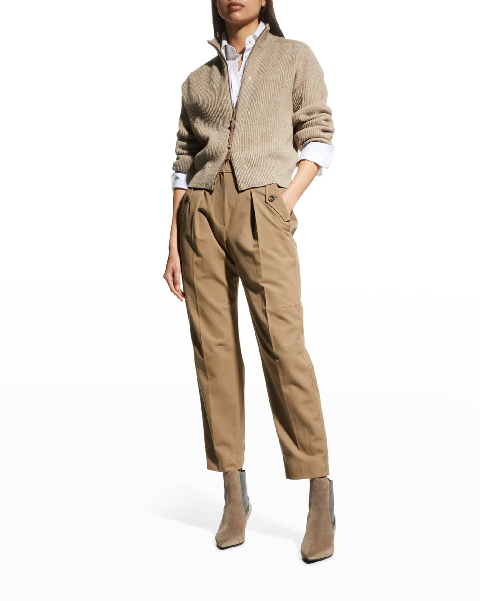 Brunello Cucinelli Metallic Cashmere Paillette Rib Zip-Up Cardigan | Neiman Marcus
