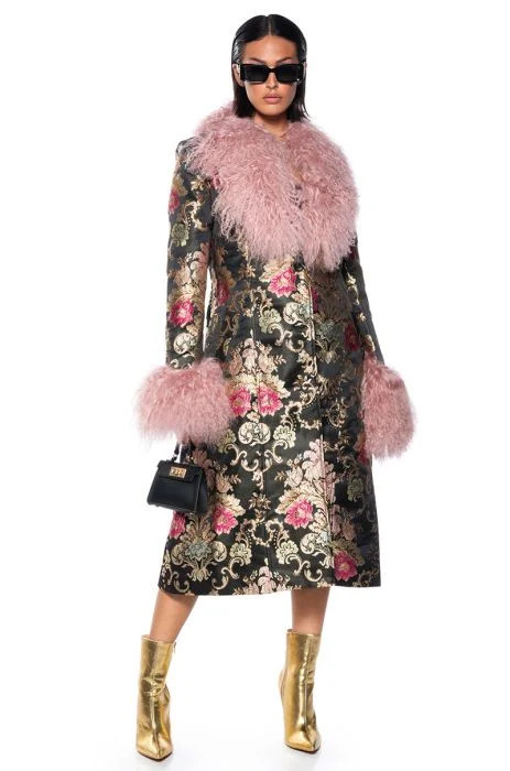 AZALEA WANG CHERRY LANE BROCADE TRENCH WITH DETACHABLE MOHAIR FUR IN MULTI | AKIRA