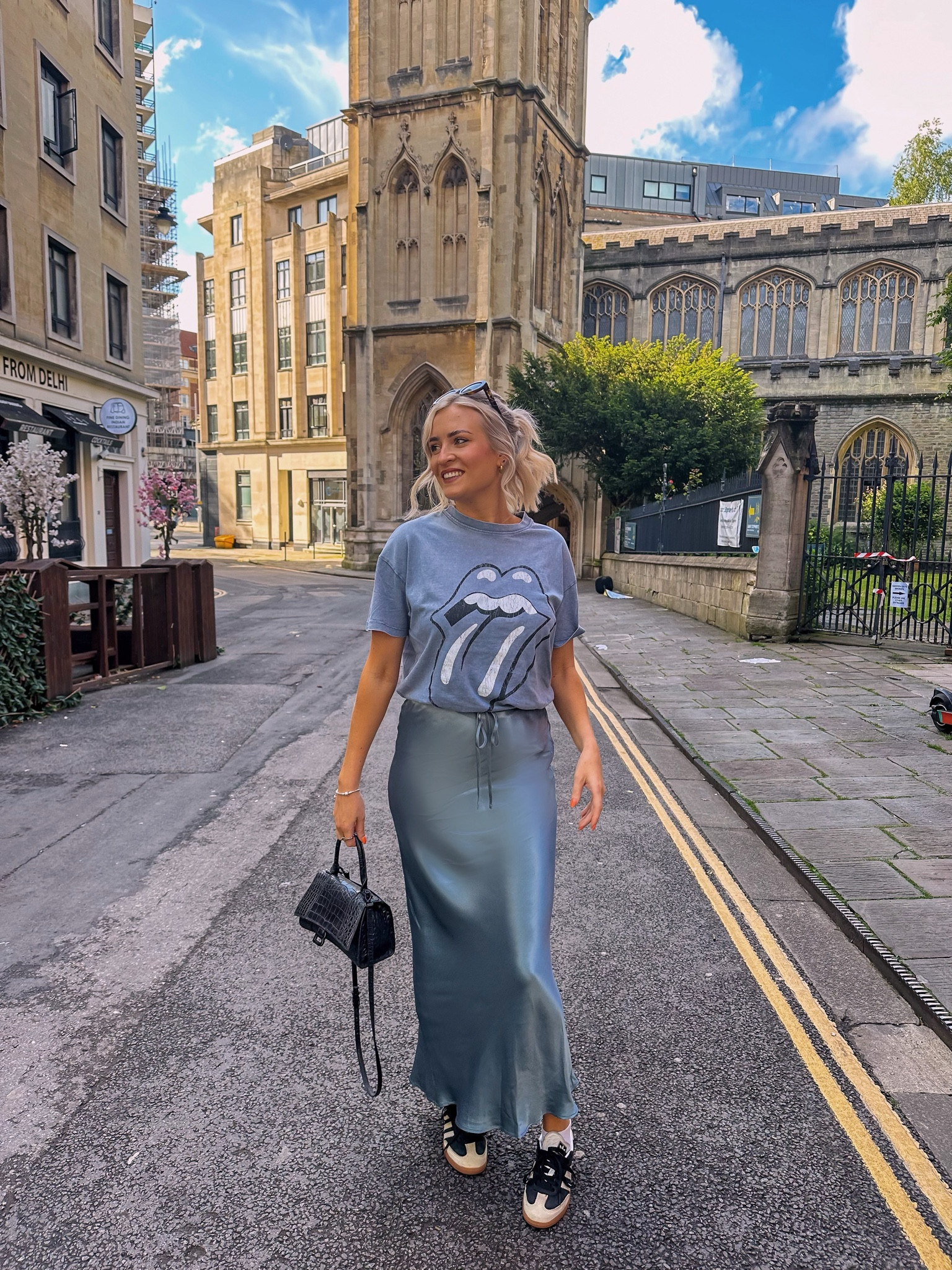 Bank hols outfit 🩷

Satin skirt, band t shirt, blue outfit, summer outfit 