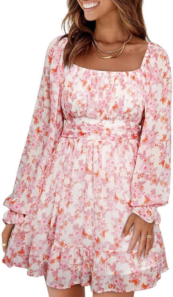 Dokotoo Women Square Neck Boho Dress Elastic Waist Tie Backless Sexy Dresses | Amazon (US)