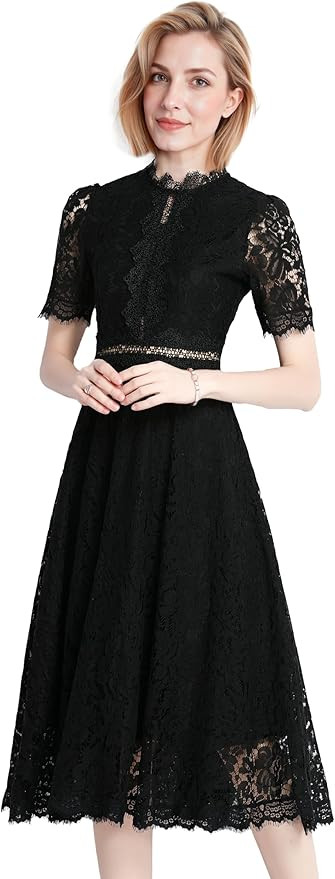 LAI MENG FIVE CATS Women's Short Sleeve Elegant Floral Lace Cocktail Party Swing Midi Dance Dress | Amazon (US)