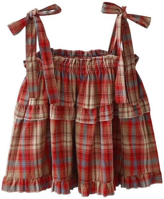 Women's Camisole Tank Tops Red Plaid Camisoles Women Vintage Ruffles Cute Girlish Cropped Tops Ho... | Amazon (US)