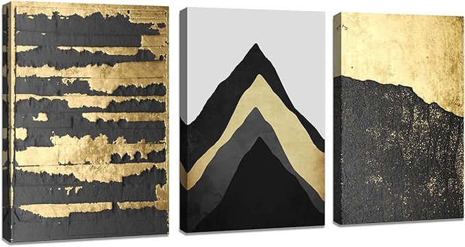 DZL Art A73734 Abstract Black Gold Mountain 12x16 inchx3 Panels Canvas Prints Wall Art for Living... | Amazon (US)