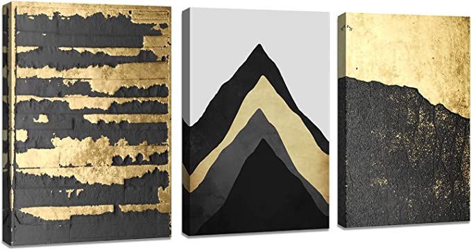 DZL Art A73734 Abstract Black Gold Mountain 12x16 inchx3 Panels Canvas Prints Wall Art for Living... | Amazon (US)