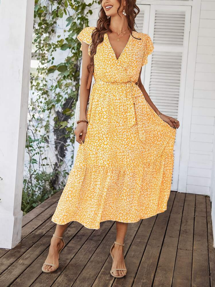 Ditsy Floral Print Ruffle Hem Belted Dress | SHEIN