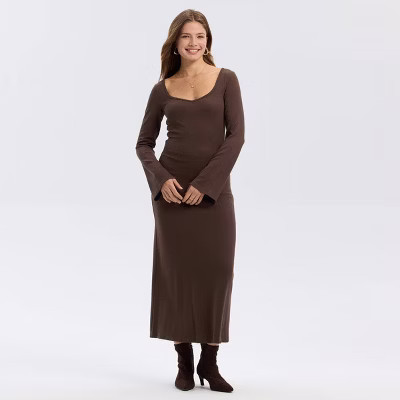Women's Long Sleeve Ribbed Flare Midi Bodycon Dress - A New Day™ Brown S | Target