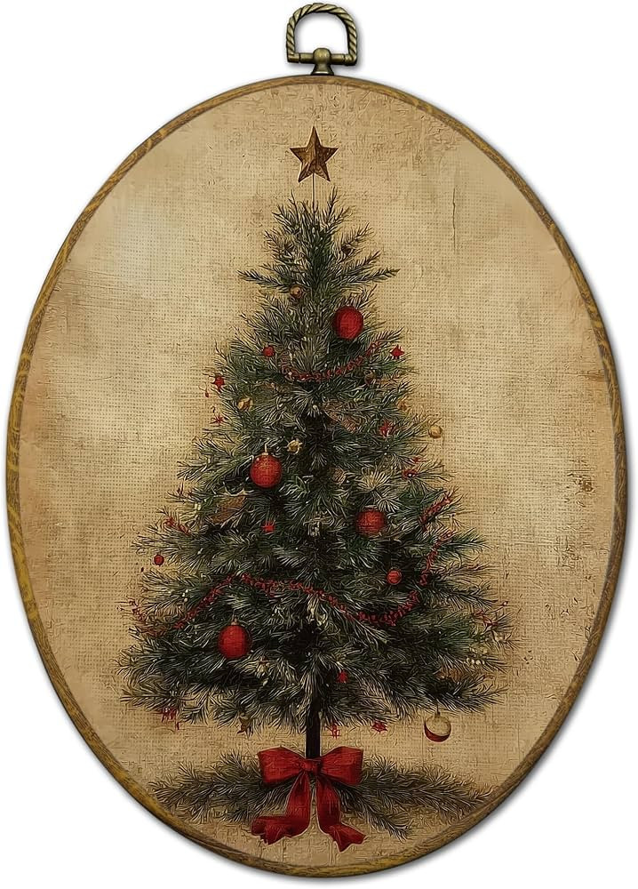 QZQE Vintage Christmas Tree Oval Wall Art Decor Framed, Cozy Rustic Xmas Oval Canvas Prints, Retr... | Amazon (US)