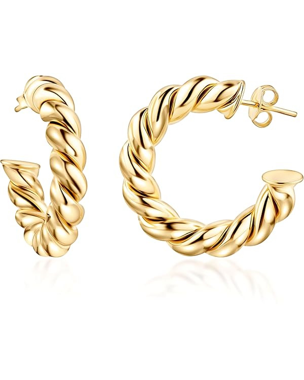 Barzel 18k Gold Plated Chunky Twisted Hoop Earrings, 5mm Thick, 10-40mm Sizes, Open Hoop Earrings... | Amazon (US)