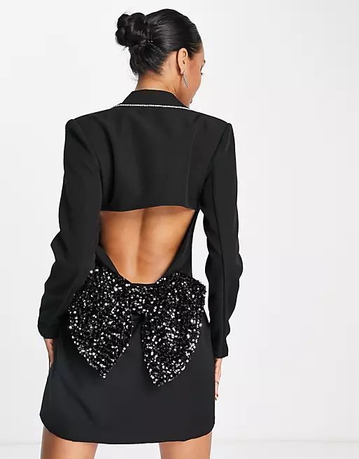 Band Of Stars premium blazer dress with sequin silver bow cut out in black | ASOS (Global)