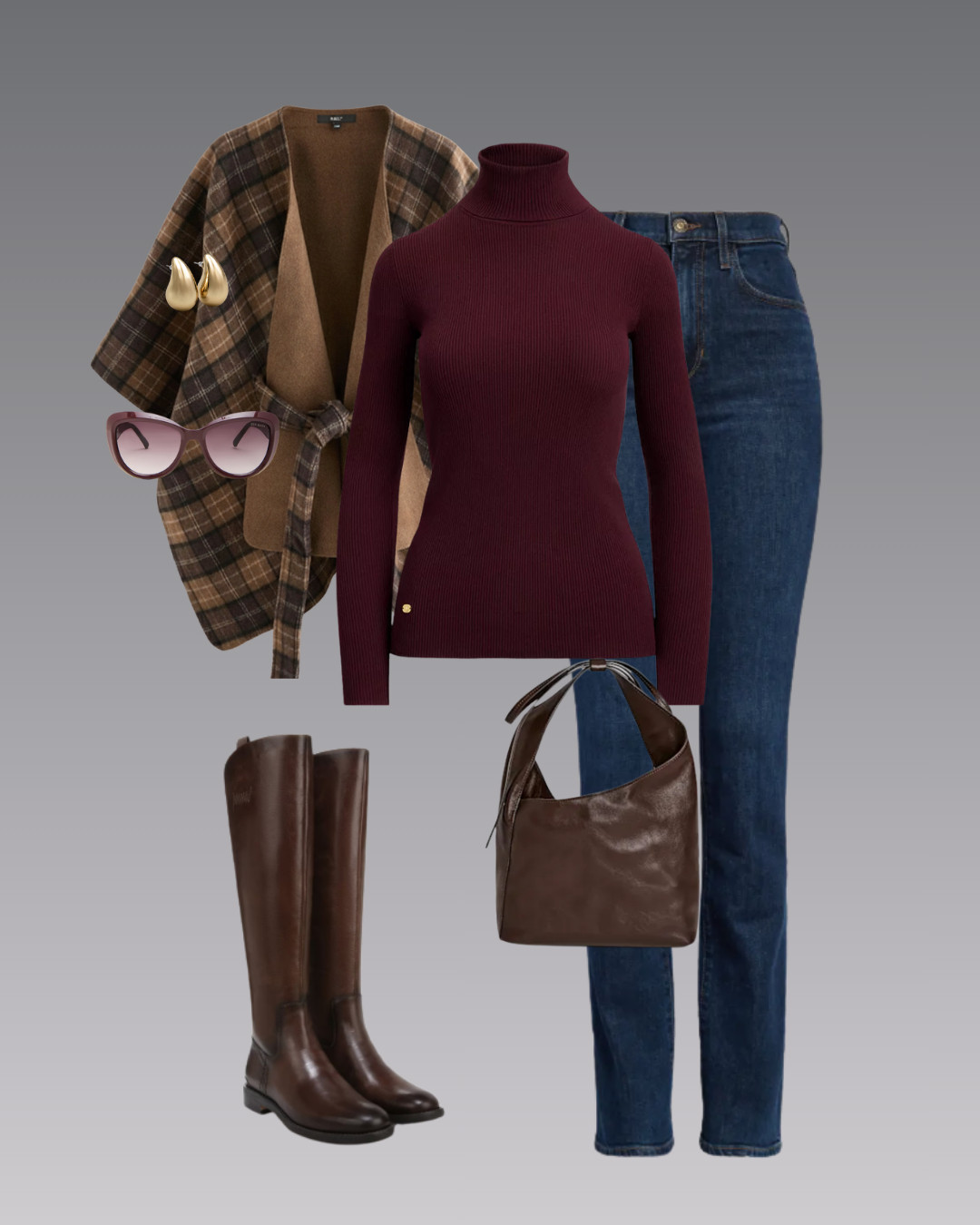 Casual Thanksgiving Layers  ❤️  Check wrap cape poncho, ribbed turtleneck, high-waist bootcut jeans, wide-calf knee-high boots, Vittoria tote, burgundy sunnies & gold teardrop earrings. 

 #LTKOver40 #LTKStyleTip #LTKWorkwear