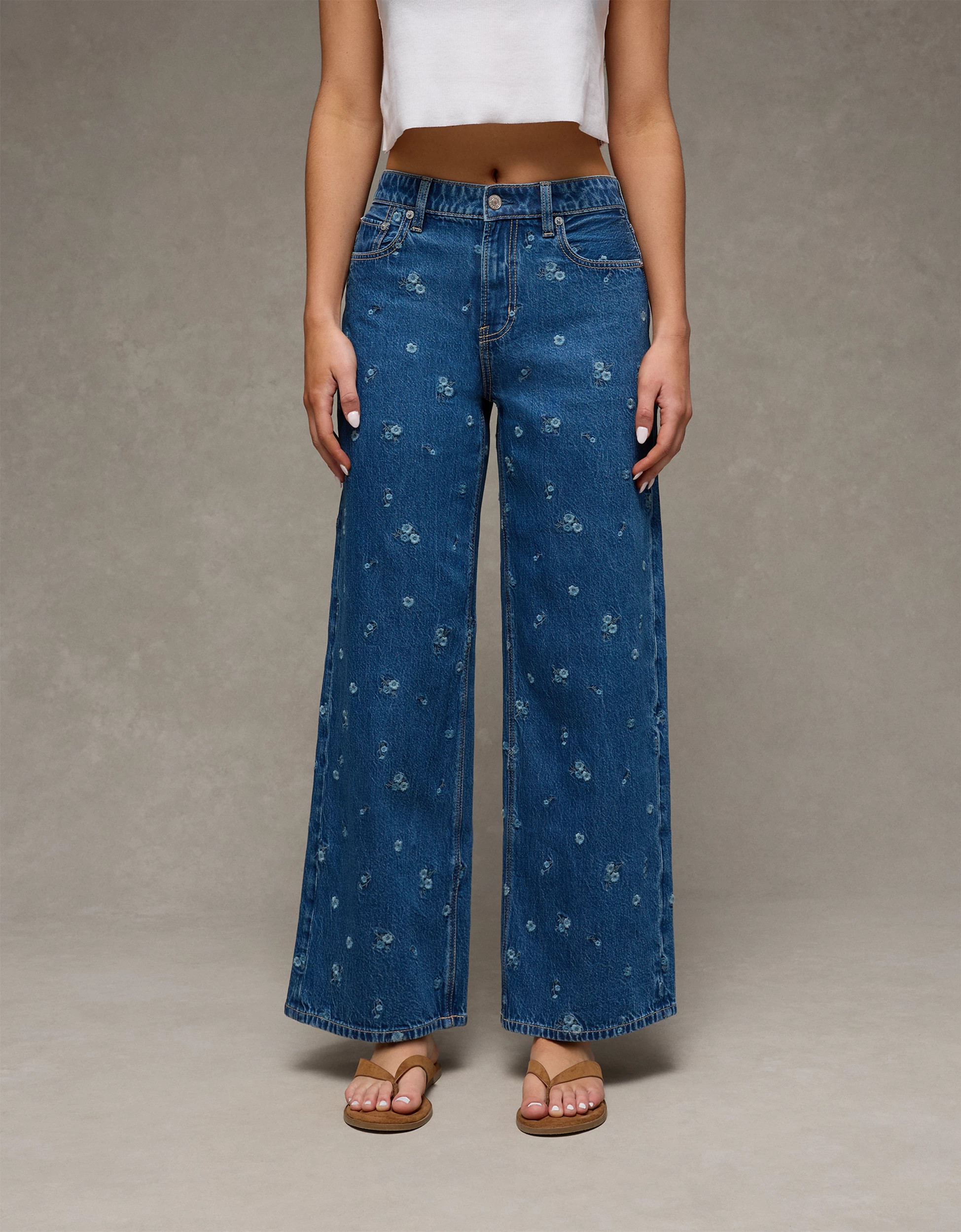 AE Dreamy Drape Strigid Super High-Waisted Embroidered Baggy Wide-Leg Jean | American Eagle Outfitters (US & CA)