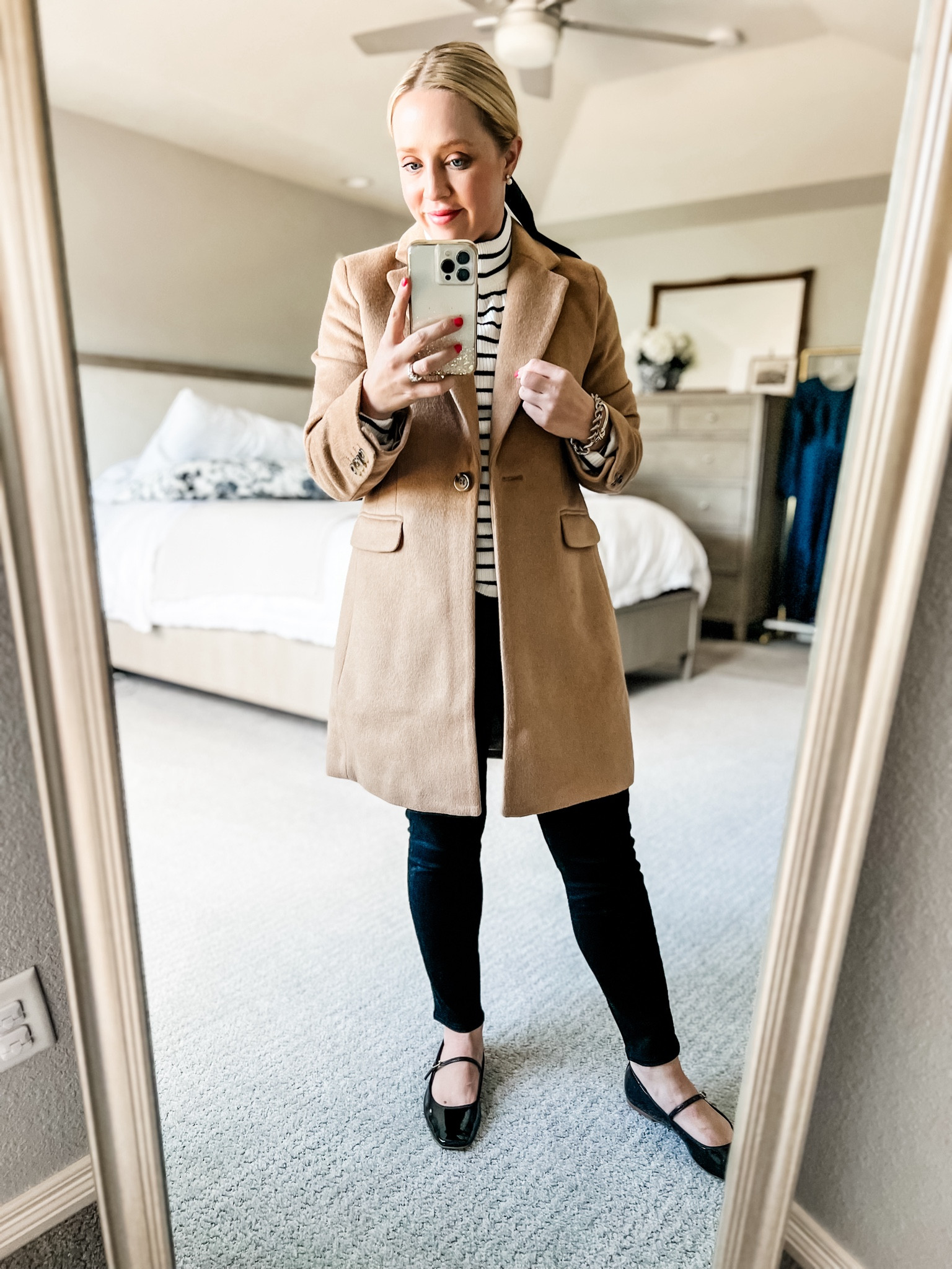 This camel coat is such a great wardrobe stable! Fits tts, wearing small petite. Regular petite jeans were too snug and I went with 4 petite curvy fit instead. Sized down to xs in this striped sweater.

#LTKSaleAlert