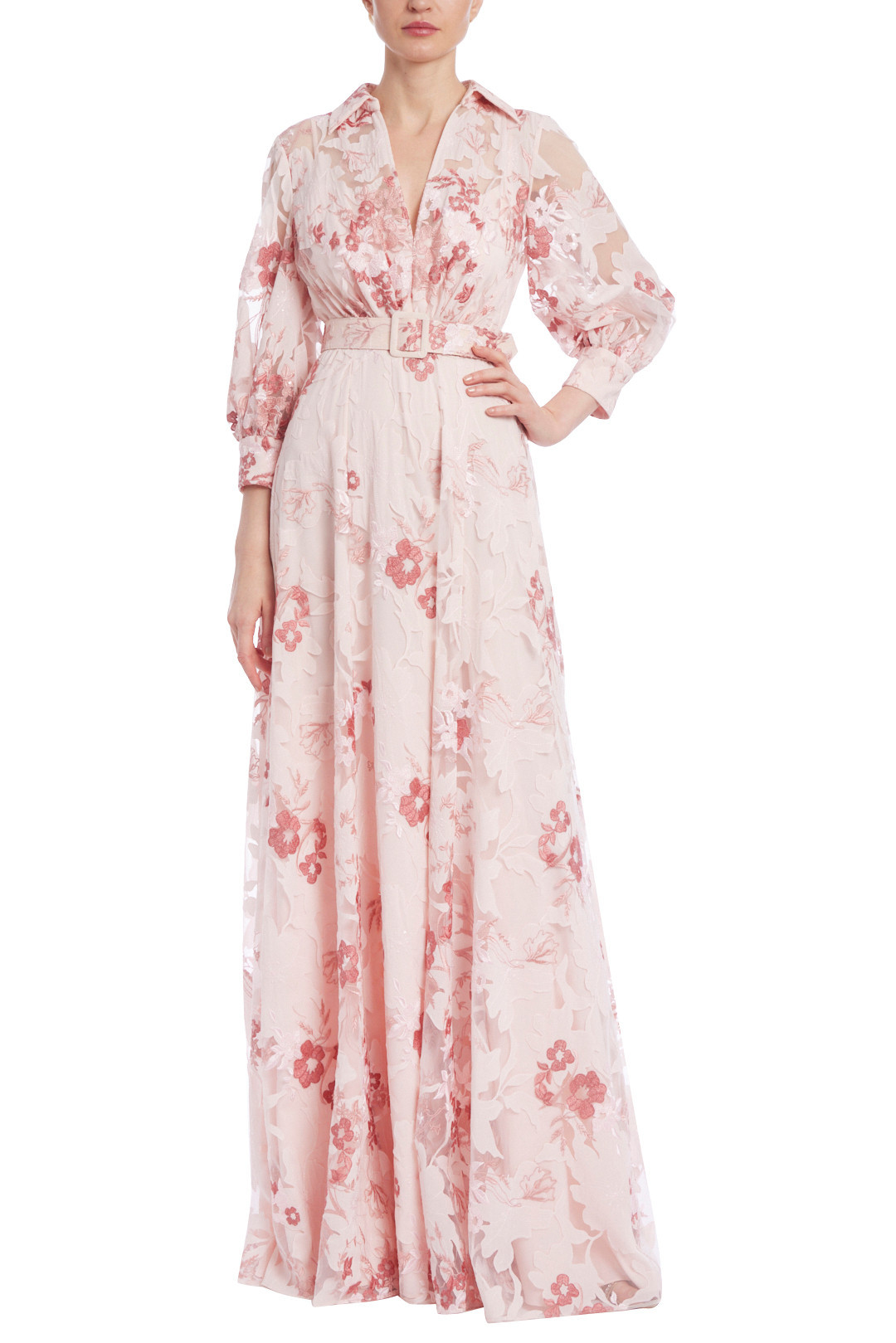 Floral Lace Belted Shirt Gown | Badgley Mischka