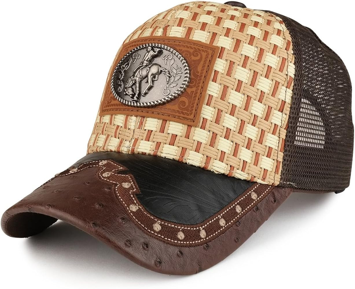 Straw Design Metallic Rodeo Cowboy Horse Metal Logo Trucker Mesh Baseball Cap | Amazon (US)