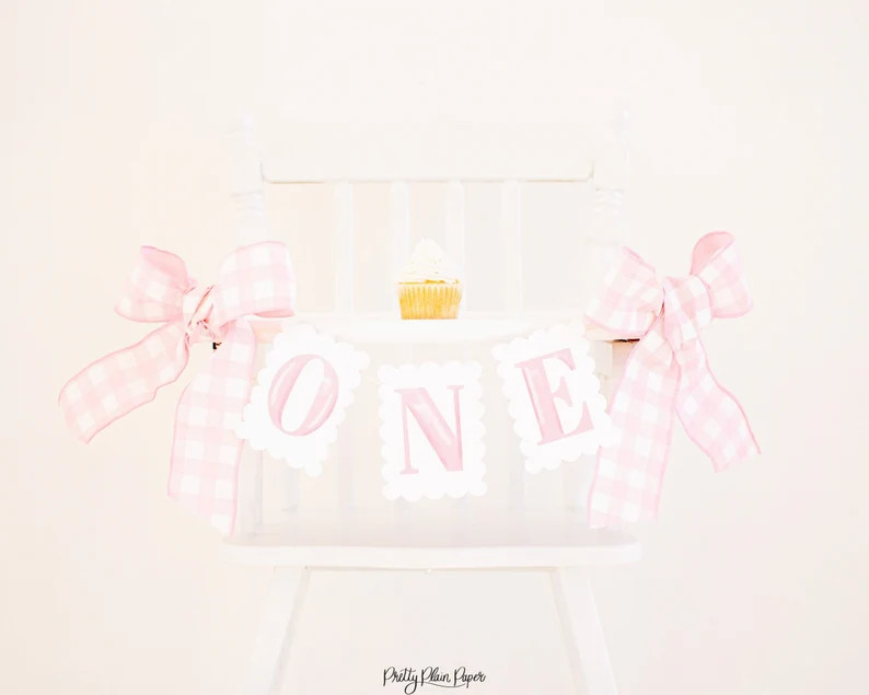 Pink Watercolor 'ONE' Scallop Edge High Chair Banner | Printable Download | Watercolor ONE High C... | Etsy (Global)