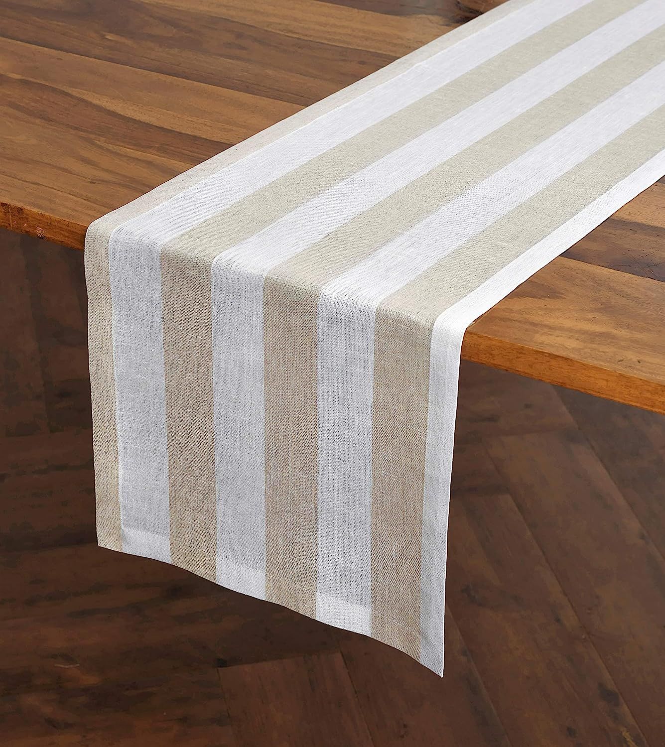 Solino Home Stripe 100% Pure Linen Table Runner – 14 x 36 Inch, Natural Fabric - White & Natura... | Amazon (US)