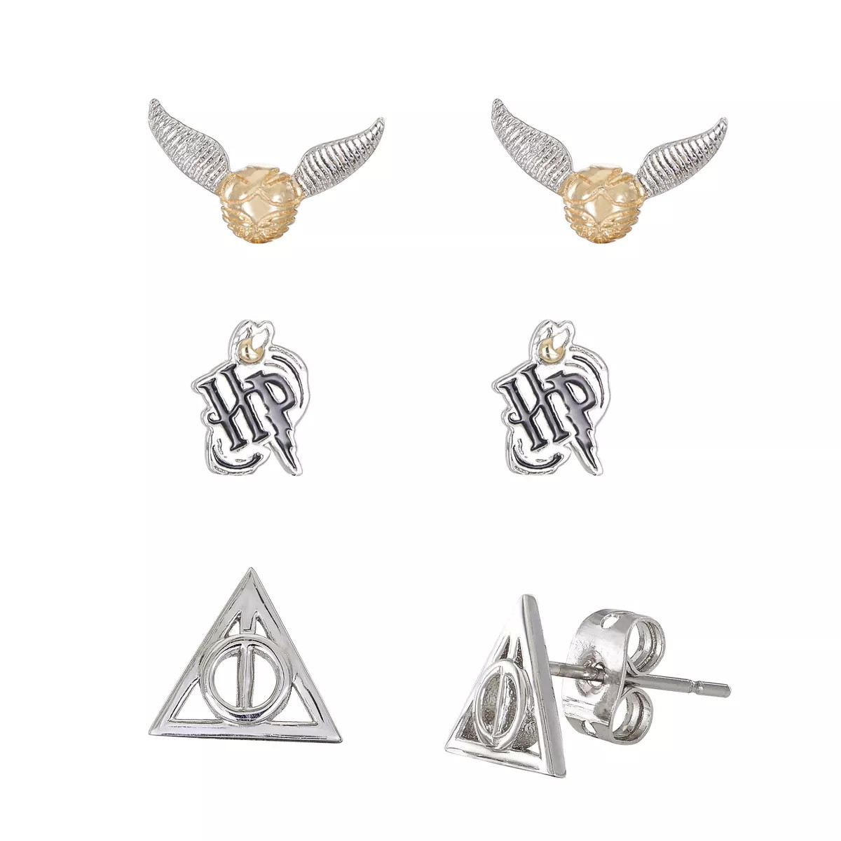Harry Potter Gold and Silver Plated Stud Earrings Sets HP, Deathly Hallows, and Golden Snitch- 3 ... | Target