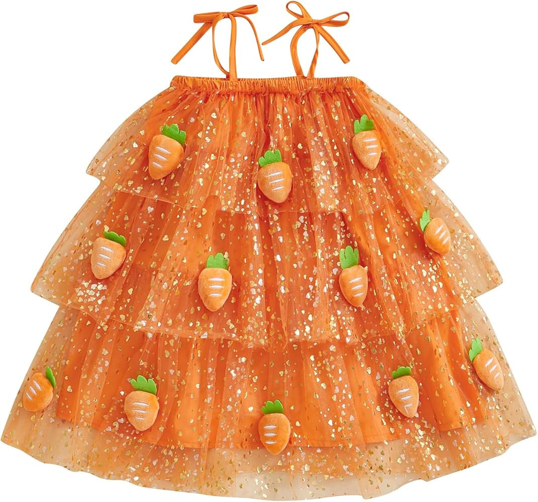 Kids Toddler Girl Easter Outfit 3D Carrot Layered Dress Tulle Sleeveless Lace-Up Sequin Cake Dres... | Amazon (US)