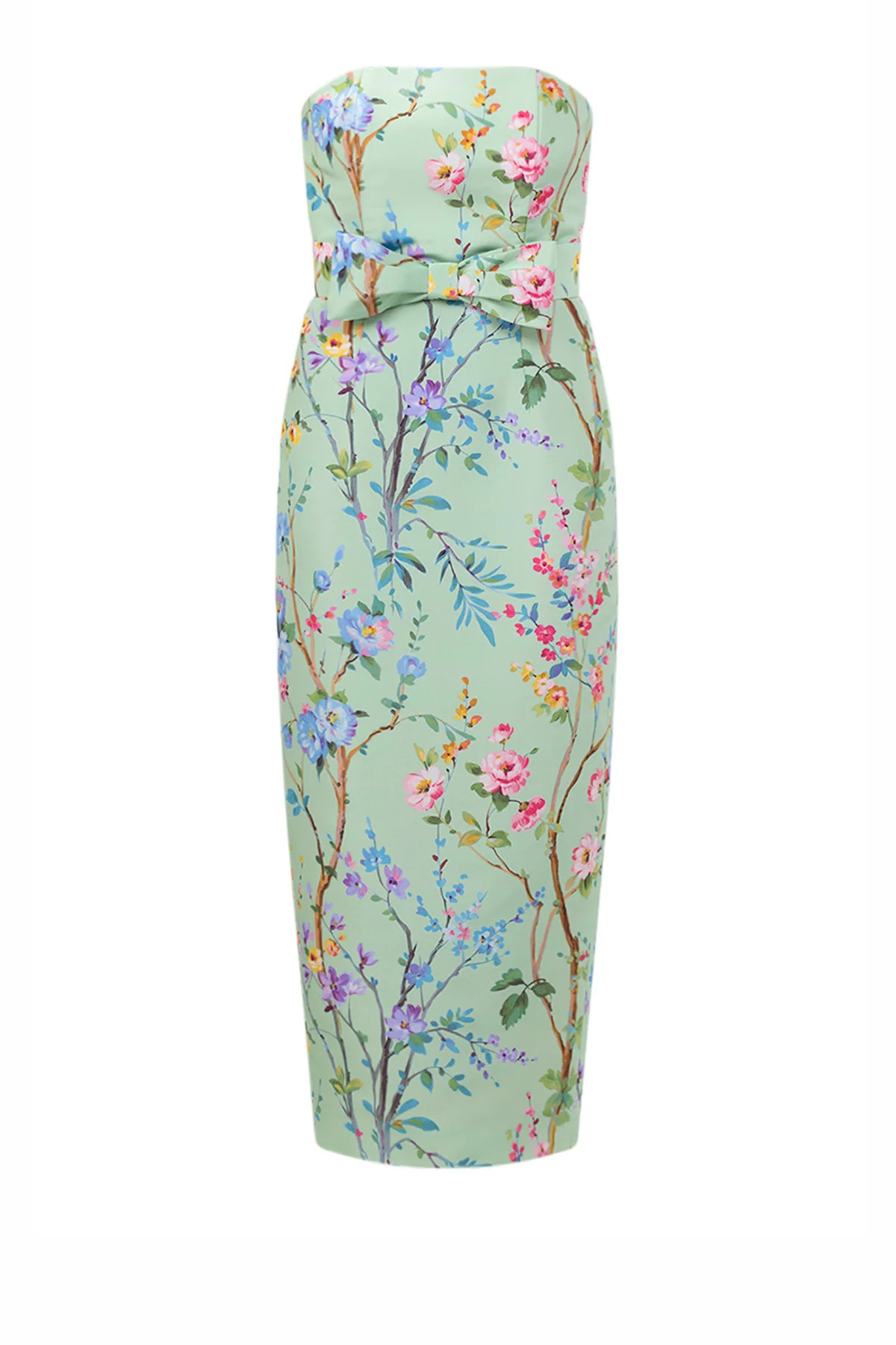 Elizabeth Garden Reverie Silk Faille Midi Dress with Bow Belt in Celadon Floral | Over The Moon