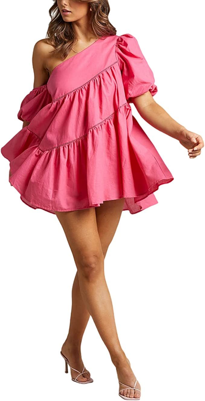 Women's One Shoulder Puff Sleeve Mini Dress Ruched Ruffle Hem Asymmetrical Trim Mini Dresses Wome... | Amazon (US)