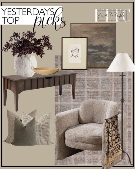 Yesterday’s Top Picks. Follow @farmtotablecreations on Instagram for more inspirational.

Angela Rose x Loloi Ember Area Rug. Weathered Handcrafted Terra Cotta Vase. Shanti Pillow Cover Set Hackner Home. Woven Plaid Pillow Cover Studio McGee. Palma Wood Base Storage Ottoman. Fake Plants | New Afloral Plum Artificial Cimicifuga Plant Leaf. Dark Fields Framed Canvas. Ceramic Link Bowl with Handles - Threshold designed with Studio McGee. Mid-Century Modern Accent Chair-Barrel Armchair for Living, Bedroom, Office. Iron Floor Lamp. 16"x20" Line Drawn Portrait Framed Wall Art. Home Inspiration Handmade Throw Handblock print Throw Cotton Throw Blanket Sofa Décor Room Décor Tassels Hand Loomed.

Breakfast Nook | Amazon Home | Target Sale | Loloi Rugs | Magnolia Home | console table | console table styling | faux stems | entryway space | home decor finds | neutral decor | entryway decor | cozy home | affordable decor |  | home decor | home inspiration | spring stems | spring console | spring vignette | spring decor | spring decorations | console styling | entryway rug | cozy moody home | moody decor | neutral home




#LTKHome #LTKSaleAlert #LTKFindsUnder50