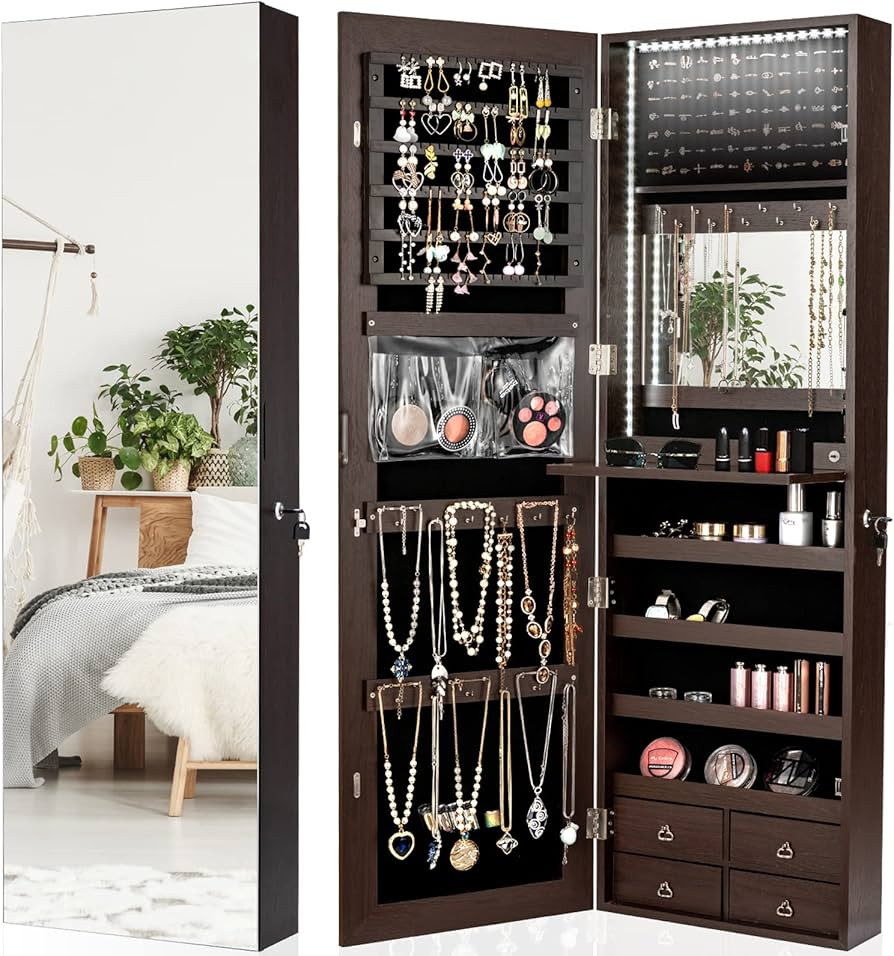 CHARMAID LED Strip Jewelry Armoire with 47.2" H Full Length Mirror, Wall Door Mounted Jewelry Org... | Amazon (US)