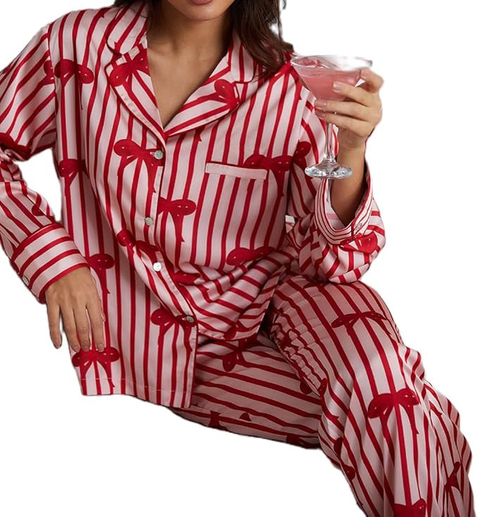 Juakoso Women Christmas Pajamas Sets Cute Print Silk Satin Lounge Sets Y2k Long Sleeve Shirt Pant... | Amazon (US)