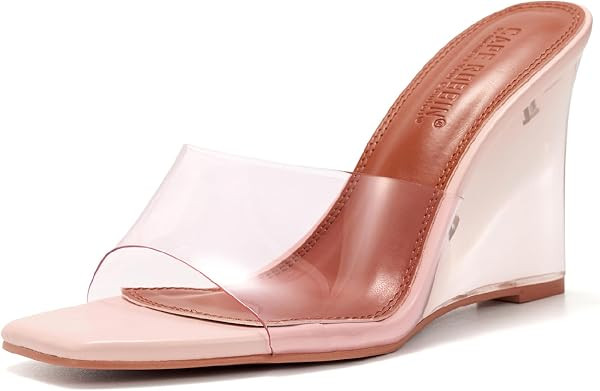 Cape Robbin Women's Clear Wedge Heels Sandals - Square Toe Slip On Transparent Wedge Sandals for ... | Amazon (US)