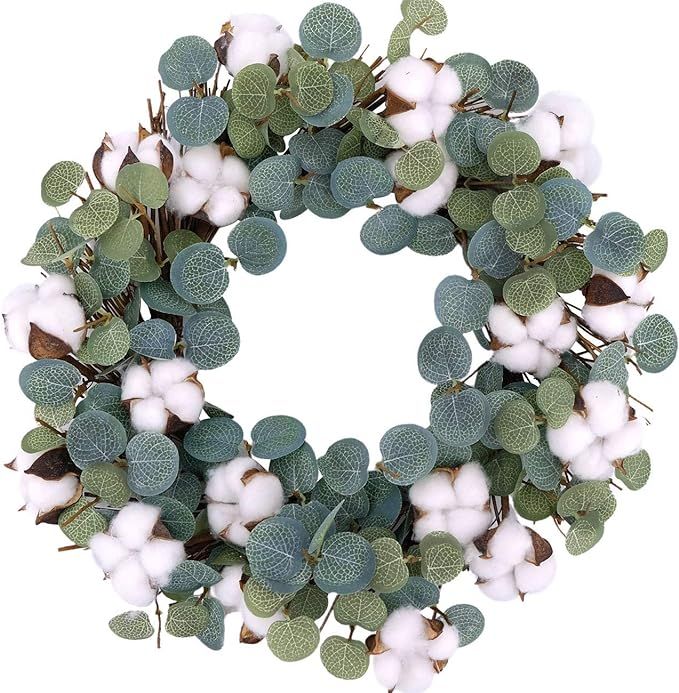 idyllic Eucalyptus and Cotton Wreath, 14 Inches Artificial Wreath on a Natural Twig Base for Farm... | Amazon (US)