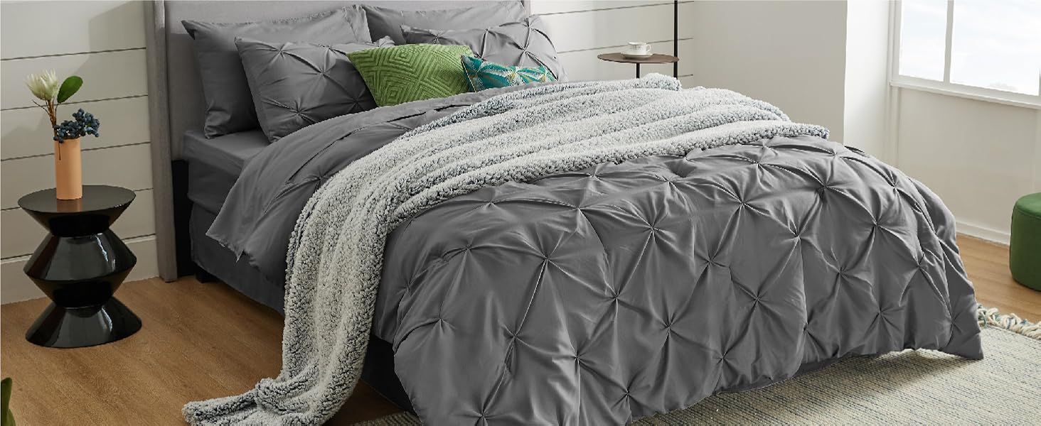 Bedsure King Size Comforter Set 8 Pieces- Pintuck King Bedding Set, Pinch Pleat Grey King Size Be... | Amazon (US)