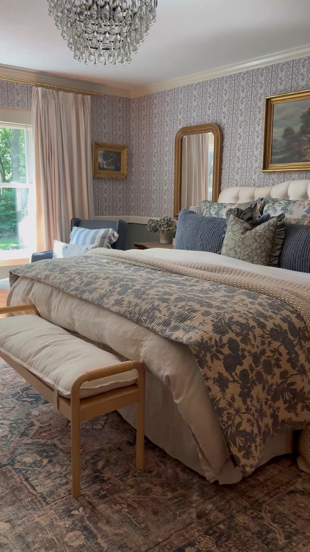 Velvet custom curtains, reversible quilt, linen duvet, linen bedskirt, floral pillow, toile sham, velvet sham, crystal chandelier, floral peel and stick wallpaper, arch gold mirror, rug

#LTKHome #LTKSaleAlert #LTKFindsUnder100