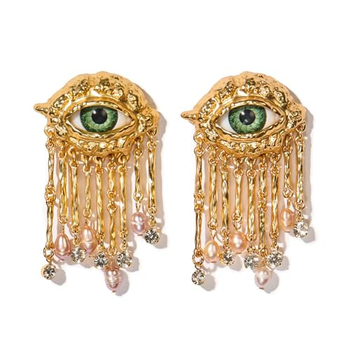 Premium Quality | 18K Gold Plated Evil Eye Earrings for Women | Real Freshwater Pearls | Haute Couture Aesthetics | Pump Up The Gem | US Brand | | Amazon (US)