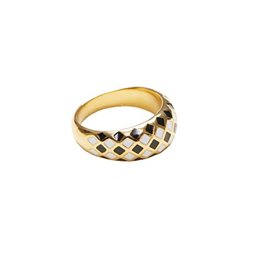 18K Gold Plated Titanium Checker Dome Ring. Vintage Styled Women Checkered Ring, Stackable Ring | Amazon (US)