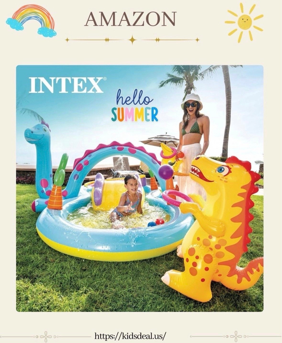 Perfect backyard fun! 🦖💦 

This dino-themed inflatable pool is a summer must-have! Soft, wide edges for safety, with a water sprayer, mini slide, and ring toss game for extra fun. 

Easy to set up—just inflate and enjoy a cool splash in your yard or balcony. 🌞 

#SummerVibes #ToddlerFun #amazon #summer fun #kids birthday party #amazon#LTKFamily 

#LTKKids #LTKFestival #LTKSaleAlert