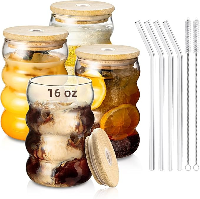 INSETLAN Creative Glass Cups With Lids And Straws-16oz Wave Shape Drinking Glasses of 4 Set, Beer... | Amazon (US)