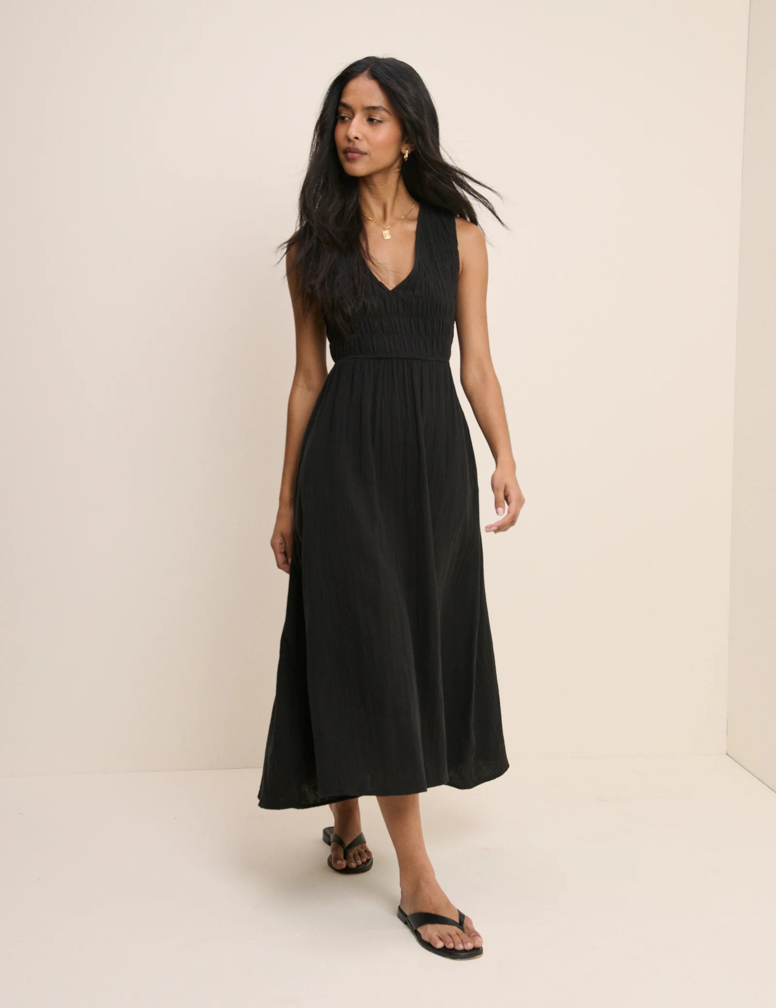 Black Shirred Sleeveless Audrey Midi Dress | Nobody's Child
